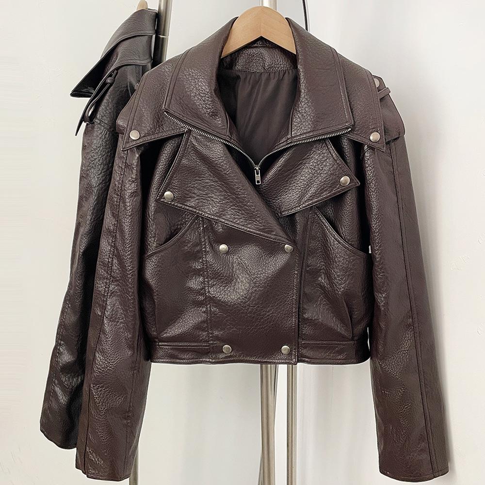 Women's European & American Style Short Lapel Motorcycle Leather Jacket - Slim Fit for Spring & Autumn 2026