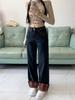 Women's Dark Blue Plaid Patchwork High-Waist Wide-Leg Jeans - Plus Size, Loose Fit, Slimming, Pear-Shaped, Autumn Style