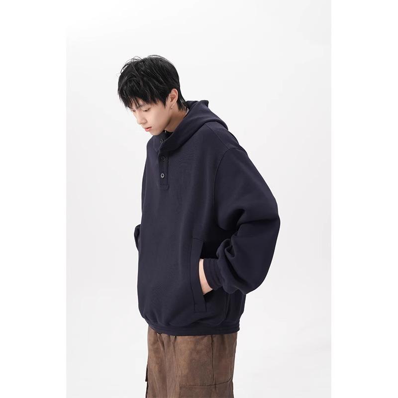 Men's Plus Size Fleece-Lined Button Hoodie - Oversized, Thickened Long Sleeve for Autumn/Winter