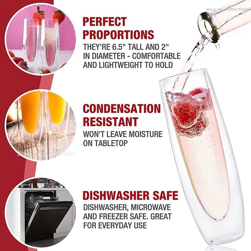 6Pcs Champagne Glasses Set Double Wall Heat Resist Glass Cup Stemless Sparkling Wine Glasses Transparent  Flute for Wedding