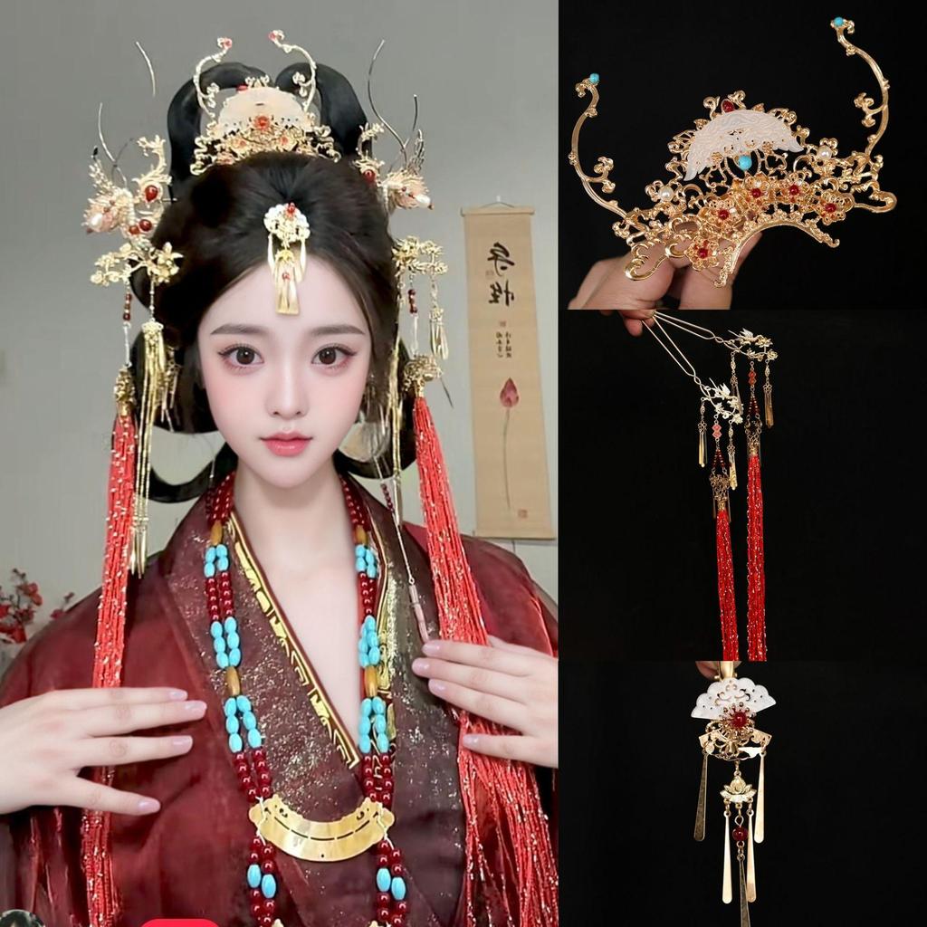 Tang Dynasty Gold Hair Accessories Set: Hanfu Retro Headdress with Hairpins, Forks, and Combs.