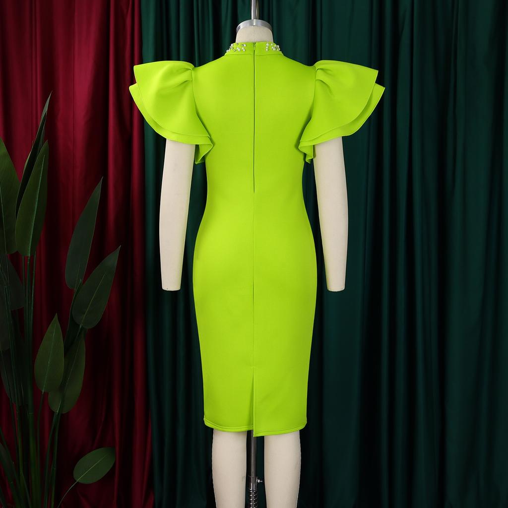 Elegant Bodycon Dresses Plus Size Women O Neck Ruffles Sleeve Beaded Solid Package Hips Party Dress
