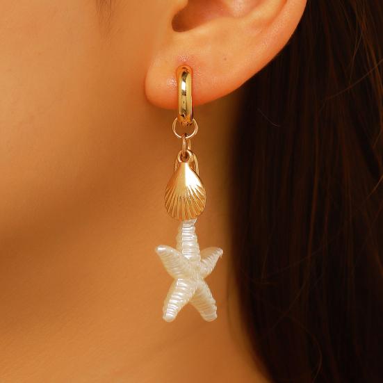 1 Pair Women Earrings, Starfish Shell Charm Long Tassel Earrings, Imitation Pearl Texture Ear Buckle Design Leverback Earrings for Summer Jewelry Gift