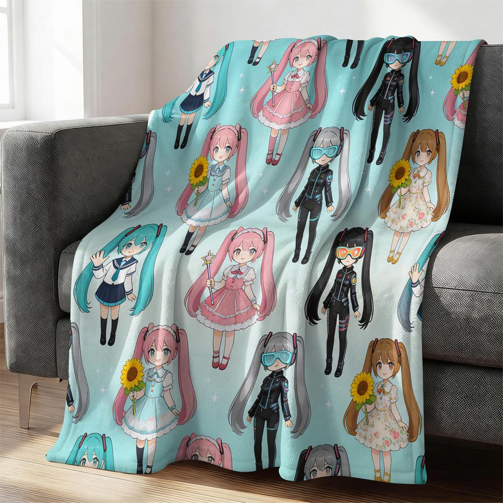 Hatsune Miku Pastel Chibi Print Flannel Throw Blanket Bedroom Decor Cute Anime Nap Blanket Air Conditioner Throw Sofa Throw Cove