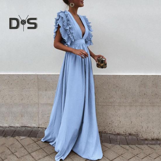 Dámské večerní šaty Nízký střih s výstřihem do V s létajícími rukávy Vrstvený nařasený plisovaný vysoký pas Jednobarevné Jednobarevné Šaty na podlahu Prom Cocktail Party Maxi šaty