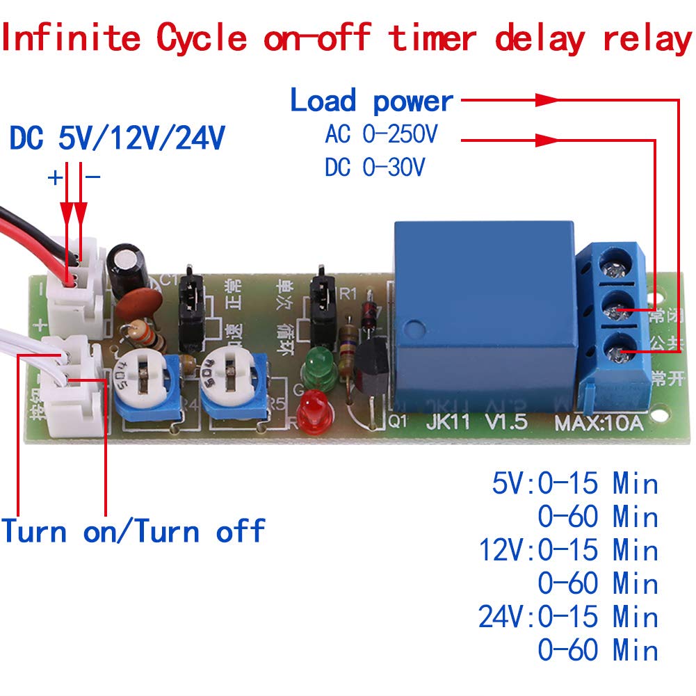 Adjustable Times Switch Module DC 5V/12V/24V Delay On/Off Timer Delay Switch Module 6 Types Optional Time Delay(DC 12V 0-15mins)
