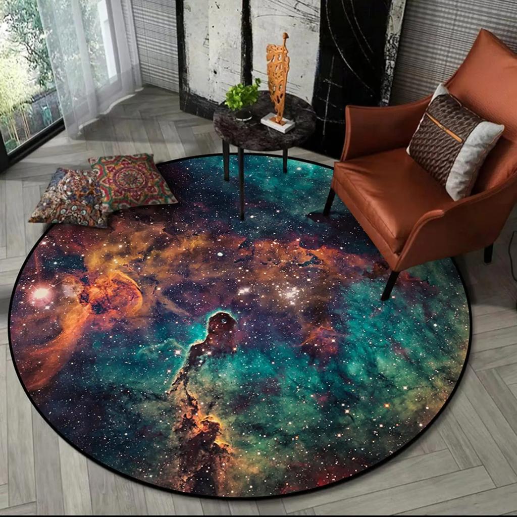 Crystal Velvet Galaxy Round Rug, Space Nebula Starry Print Non Slip Floor Mat for Bedroom, Playroom, Kids Room, Home Decor