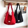 Red Floral Canvas Shoulder Bag Adjustable Ruffled Strap Large Capacity For Commute Shopping Travel