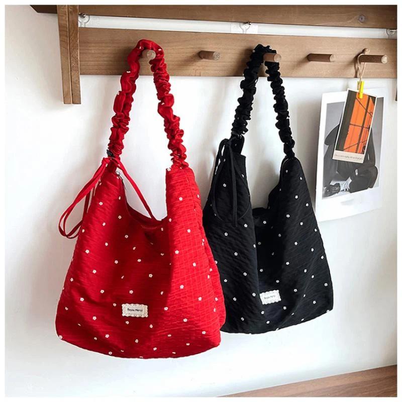 Red Floral Canvas Shoulder Bag Adjustable Ruffled Strap Large Capacity For Commute Shopping Travel