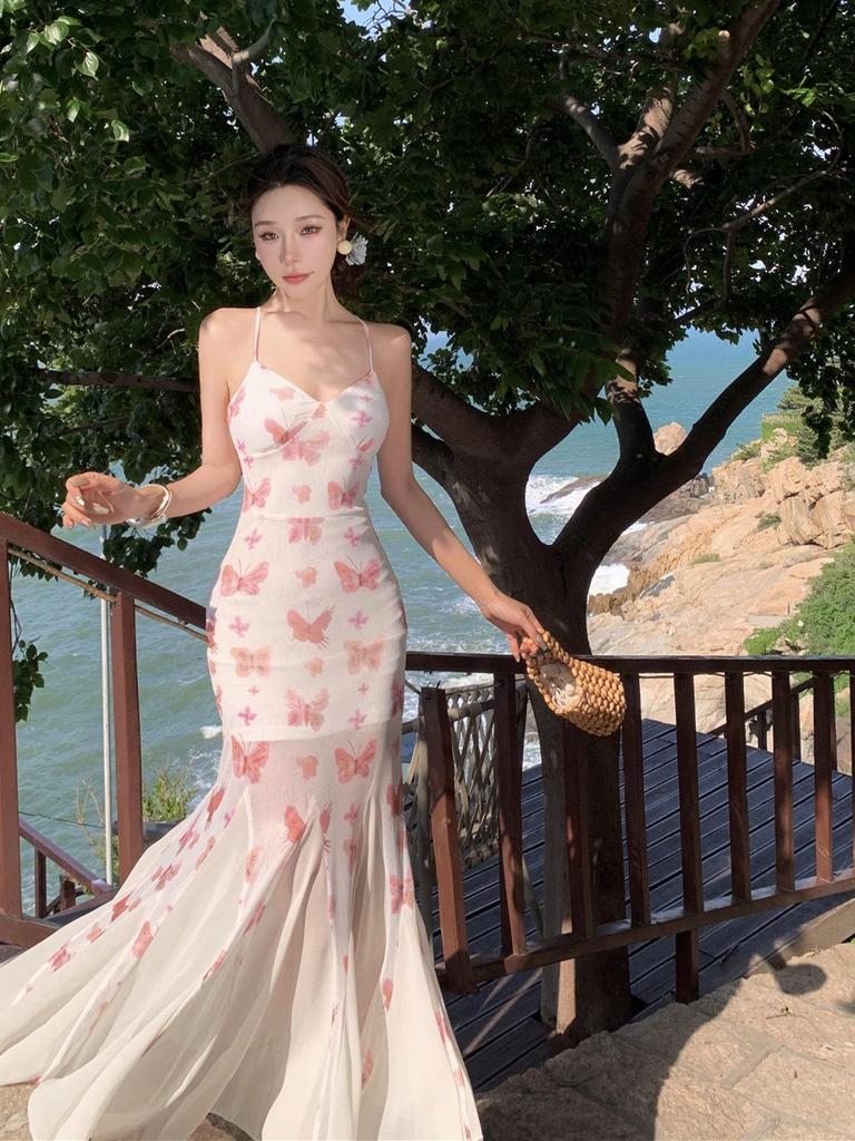 Květinové špagetové šaty s nízkými zády a rybím ocasem pro ženy - Zeštíhlující letní styl