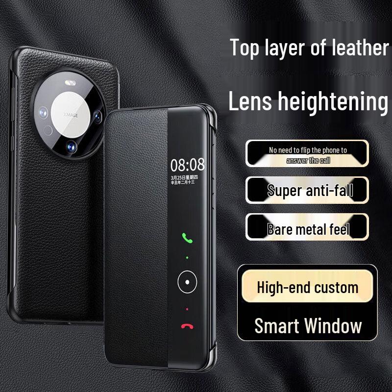 EDDGA Top Grain Leather Smart View Flip Phone Case for Huawei