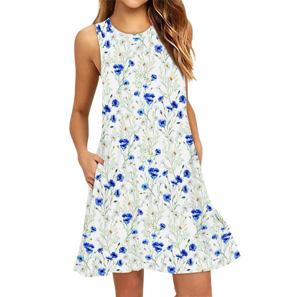 Vestido de Playa de Moda para Mujer sin Mangas Cuello Redondo Estampado Floral