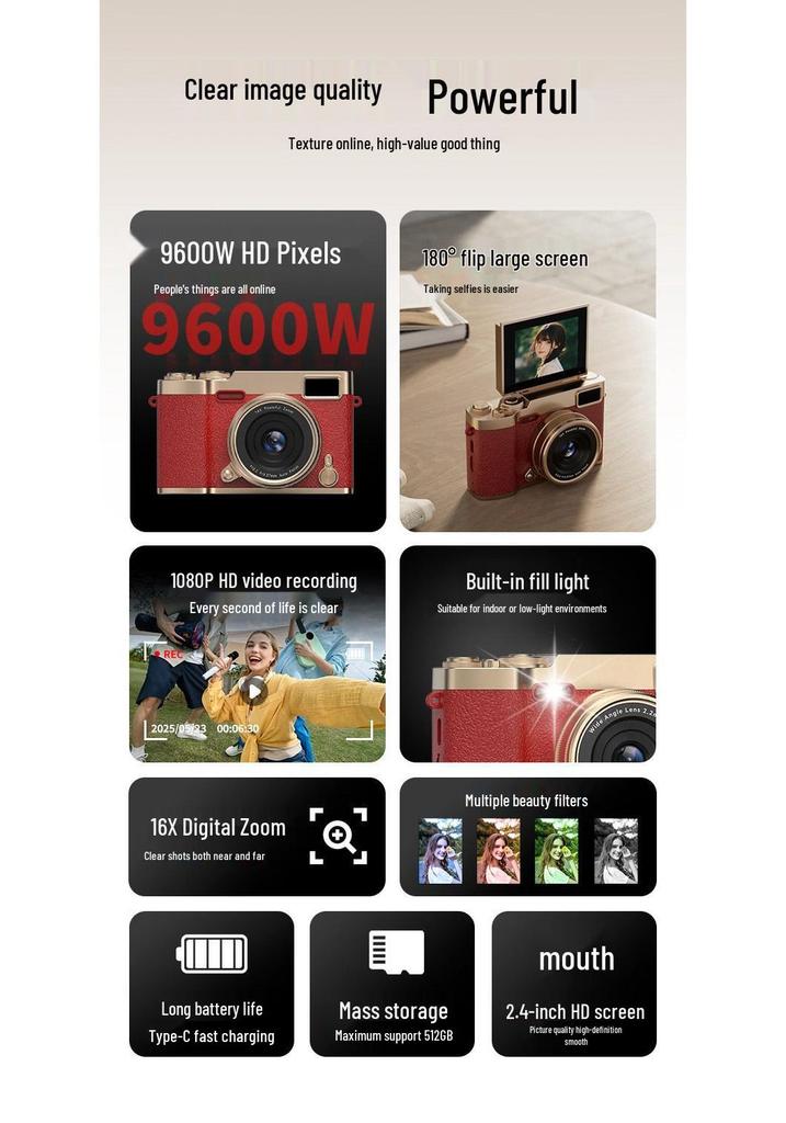 New 9600W Pixel HD Flip Screen Student Selfie Camera
