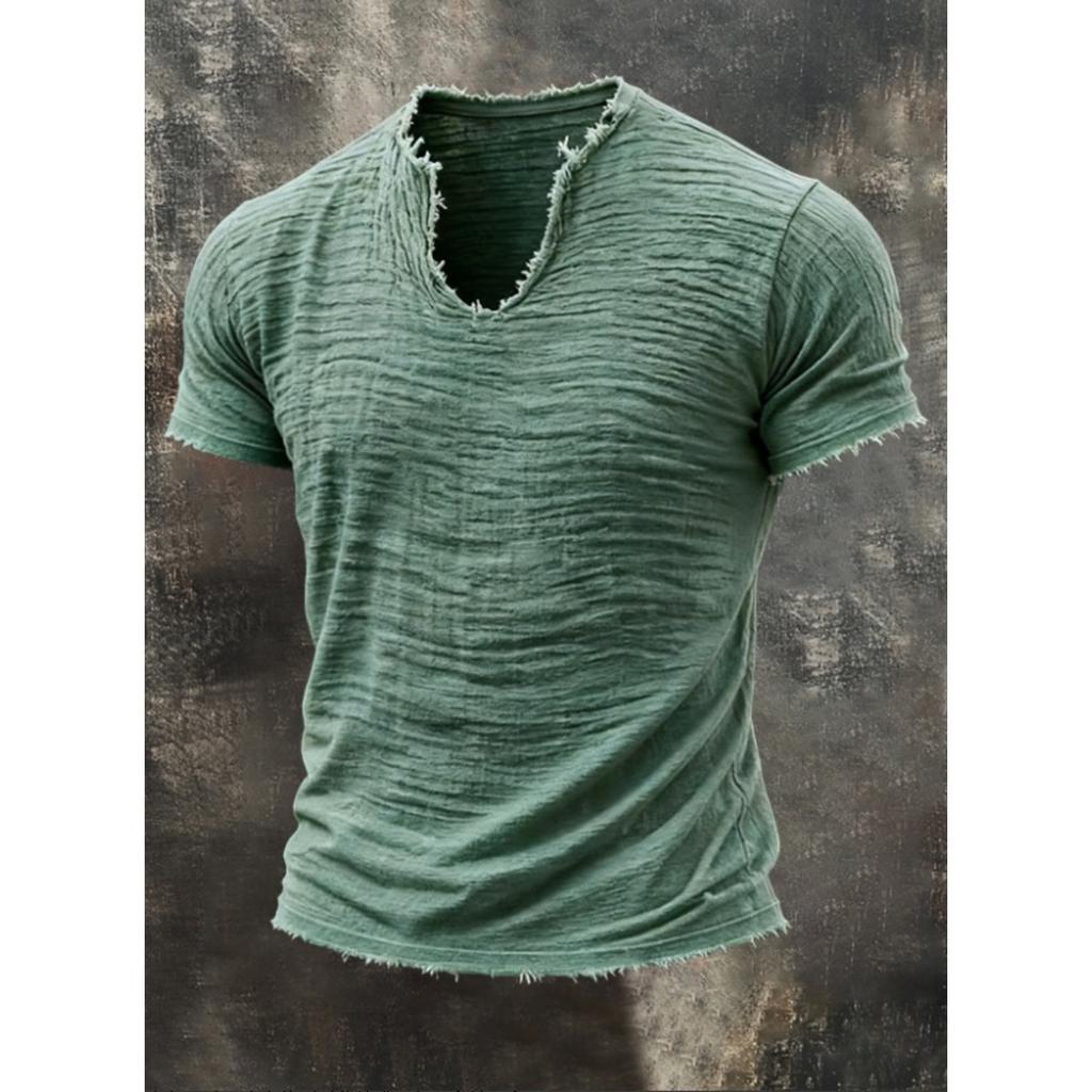 Summer, Solid Color, Men's T-shirt, Retro V-neck, Hairy Edge, Short Sleeve