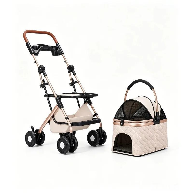 Pet Stroller Detachable Carrier Lightweight 3 Second Foldable Aluminum Alloy Leather Handle for Cats Dogs Outdoor Travel