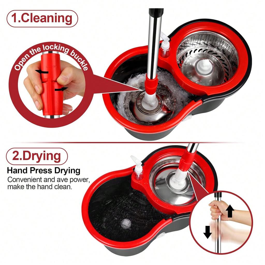 Spin Mop And Bucket With Wringer Set With 3 Microfiber Mop Replacement Heads And 61" Stainless Steel Adjustable Handle For Floor