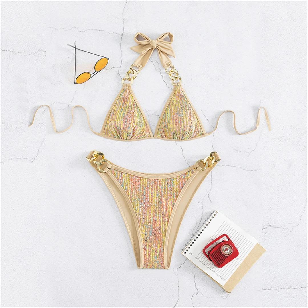 

S - XL Halter Shiny Sequin Metal Ring Bikini Women Swimwear Female Swimsuit Two-pieces Bikini set Bather Bathing Suit Swim XL золотий