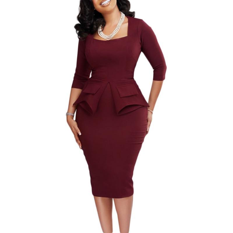 Women's Spring New Solid Color Hip Wrap Temperament Elegant Commuter Large Size Dress