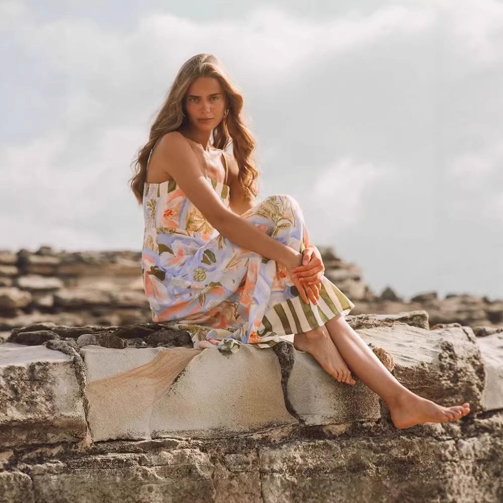 2026 European and American new dress, printed seaside vacation style swinging long dress women's dress