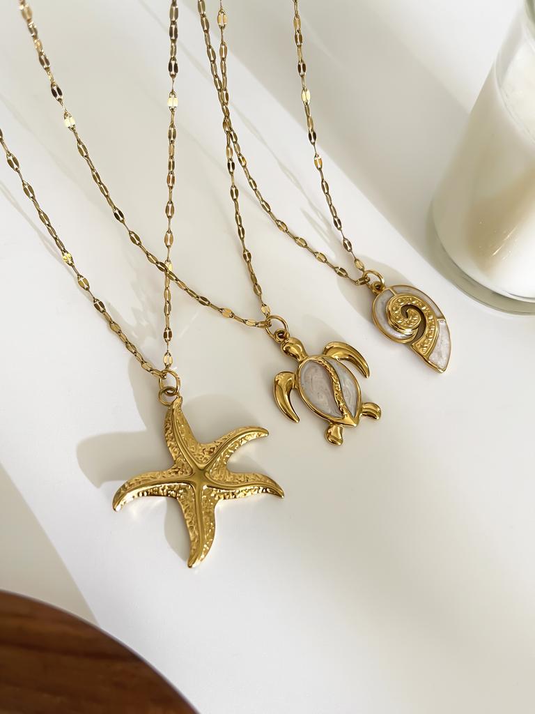 Elegant Fashion White Enamel Turtle Conch 18K Gold Plated Big Starfish Pendant Necklace for Women Party Daily Jewelry