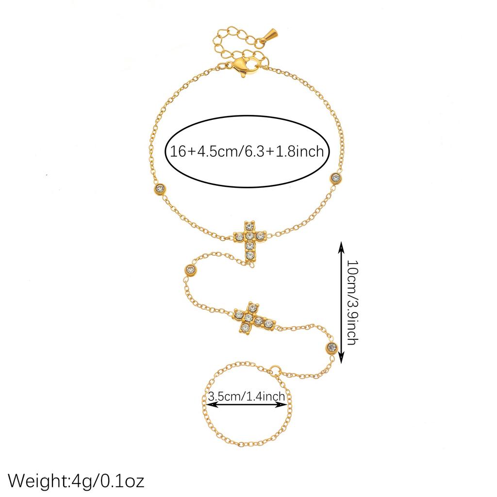 DIEYURO 316L Stainless Steel Luxury Golden Cross Inlay Zircon Thin Chain Finger Ring Bracelet for Women Party Elegant Jewelry