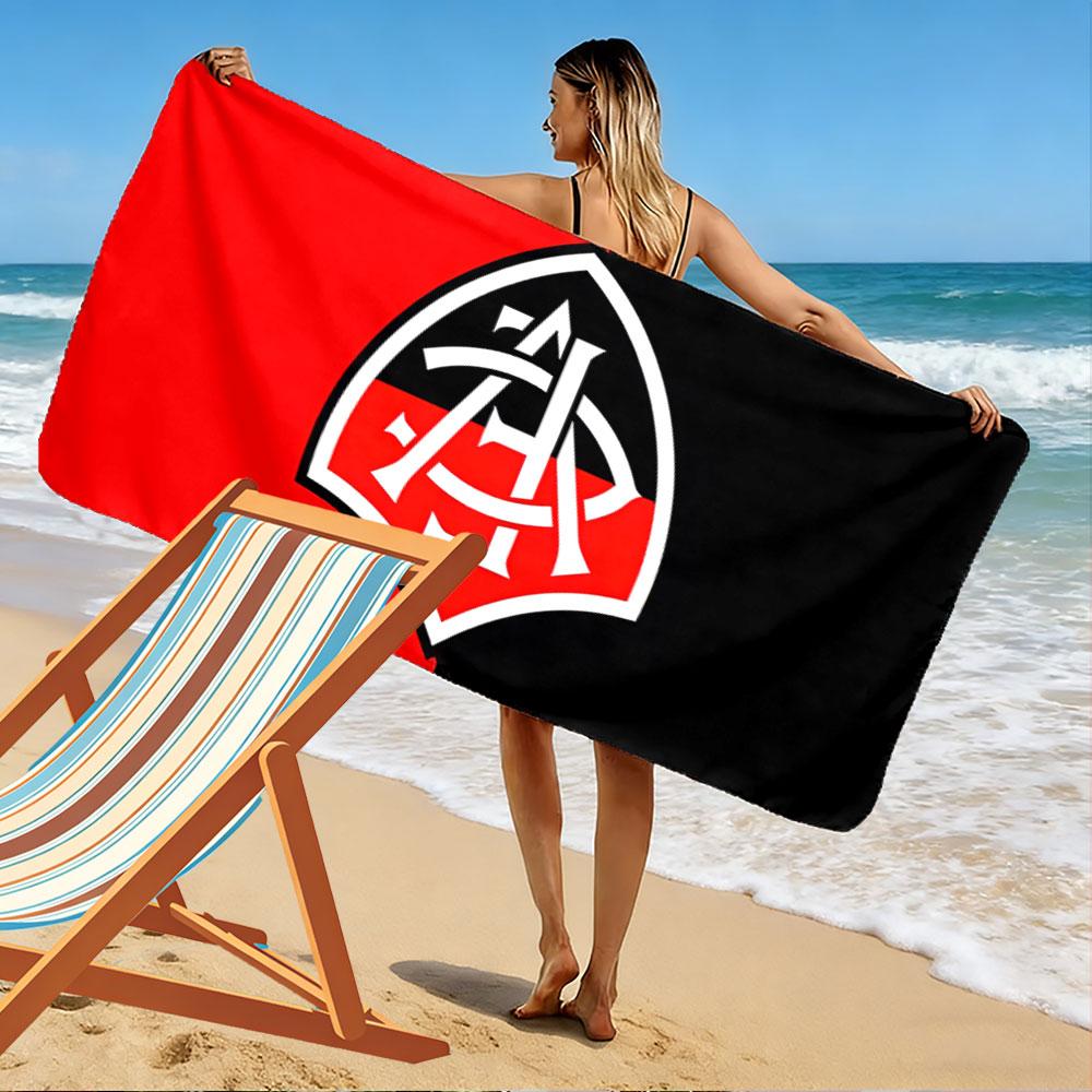 Beach Towel with Black Red Shield Monogram Badge, Quick Dry Lightweight, Ultra Soft Absorbent, for Vacation Pool Gift