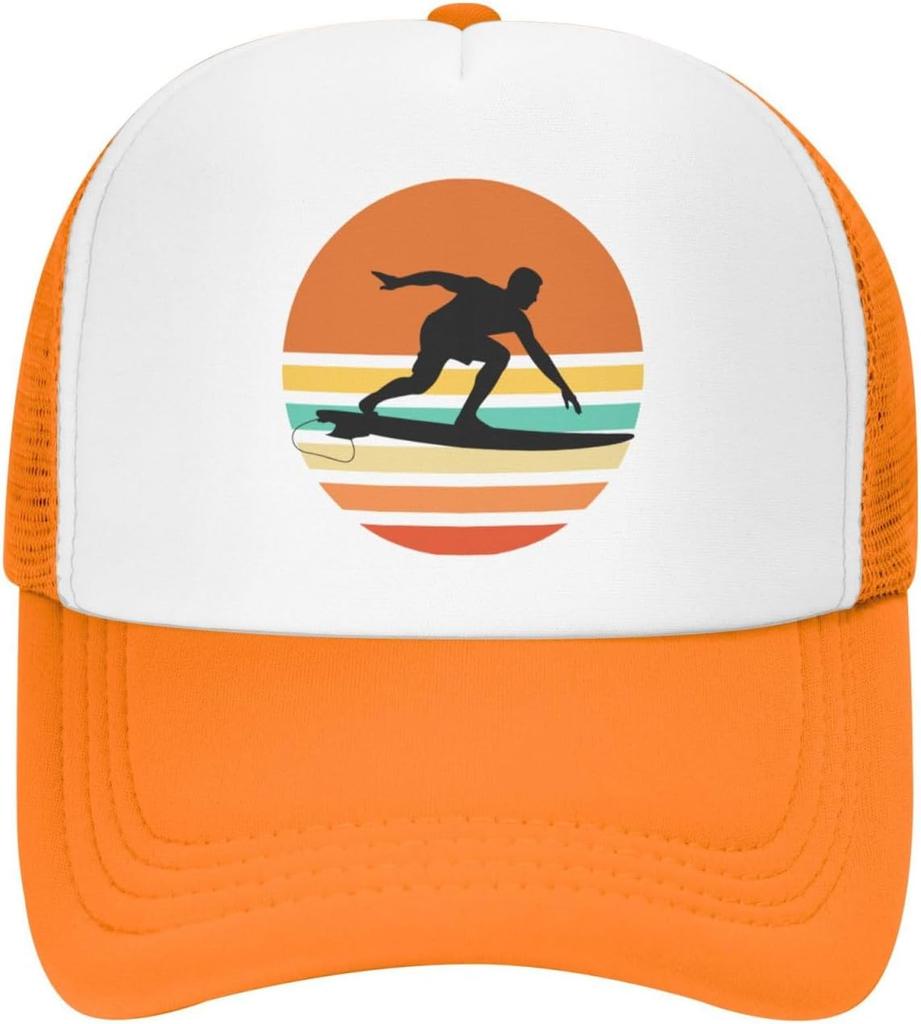 Surfer Sunset Retro Graphic Trucker Hat Polyester Mesh Adjustable Snapback Outdoor Sports Cap for Men Women