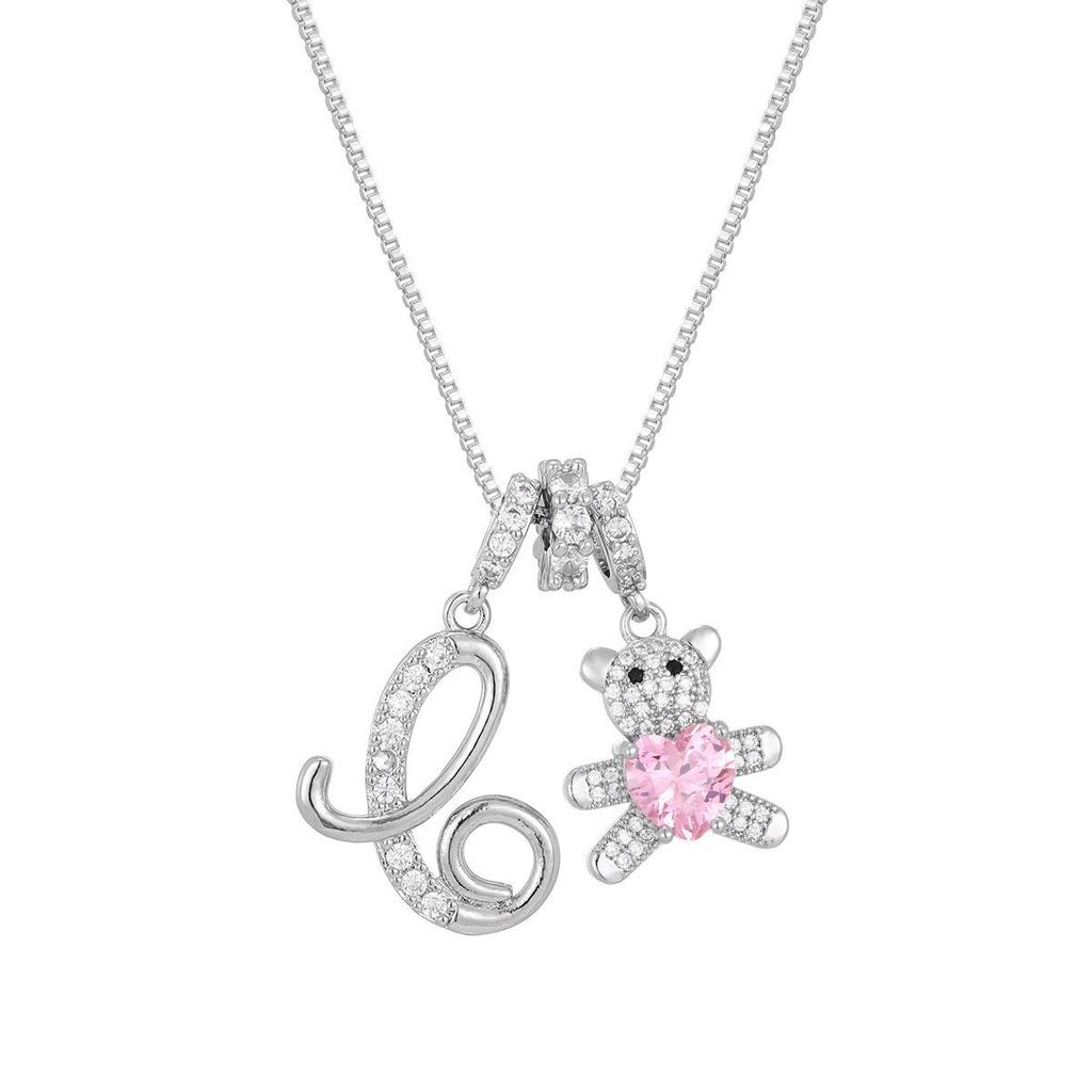 Luxurious Teddy Bear Pendant Necklace with Diamond Inlaid 26 English Letters Charm - European and American Fashion Style
