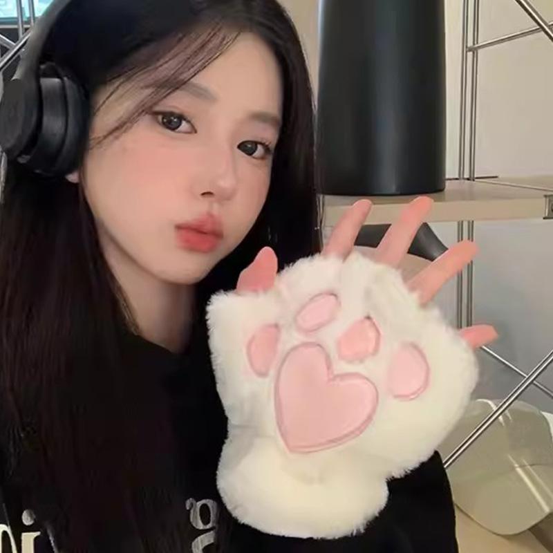 2026 Autumn Winter Kawaii Plush Cat Claw Paw Gloves Warm Soft Short Fingerless Fluffy Bear Mittens Costume Half Finger Gloves