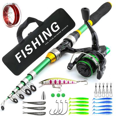 New Green Lure Rod Set 5.2:1 Rotating Reel 1.8m Fishing Rod Bait Hook Line Portable Accessories Package Suitable for Beginners