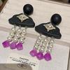 Elegant Amethyst Pearl Black Wood Tassel Earrings for Autumn & Winter