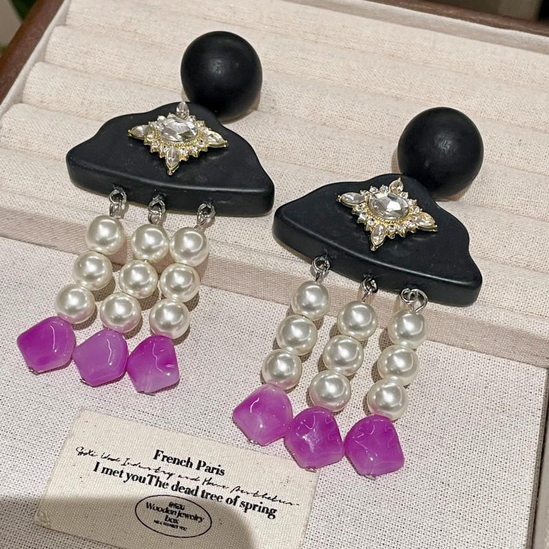 Elegant Amethyst Pearl Black Wood Tassel Earrings for Autumn & Winter