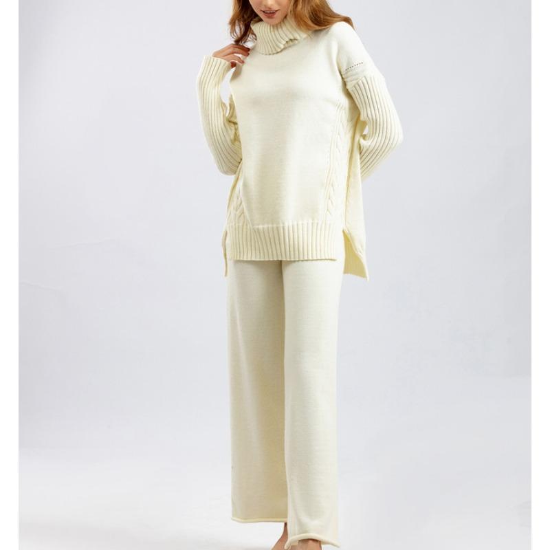 Autumn and Winter New Sweater 2piece Set for Women Lazy Style Loose High-neck Suit for Women Fashionable Casual Wide-leg Pants