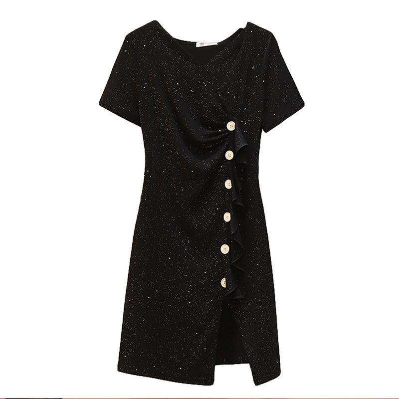 MMV Chubby Loose Split Short Sleeve Solid Color Black Dress