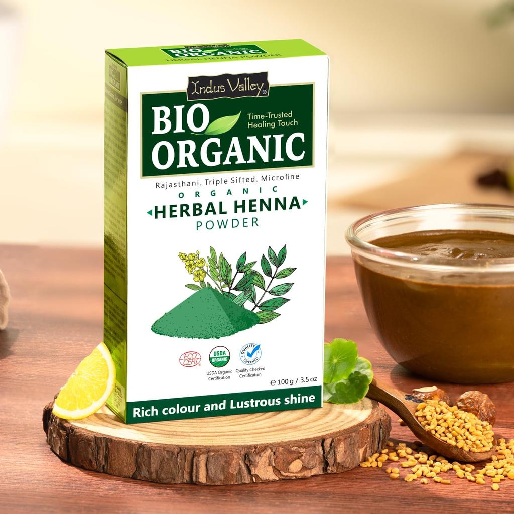 Indus Valley Herbal Henna Powder Organic Natural Green Heena 100 Gm for Hair Colour,Nourishes Conditions & Strengthens, All Hair Types