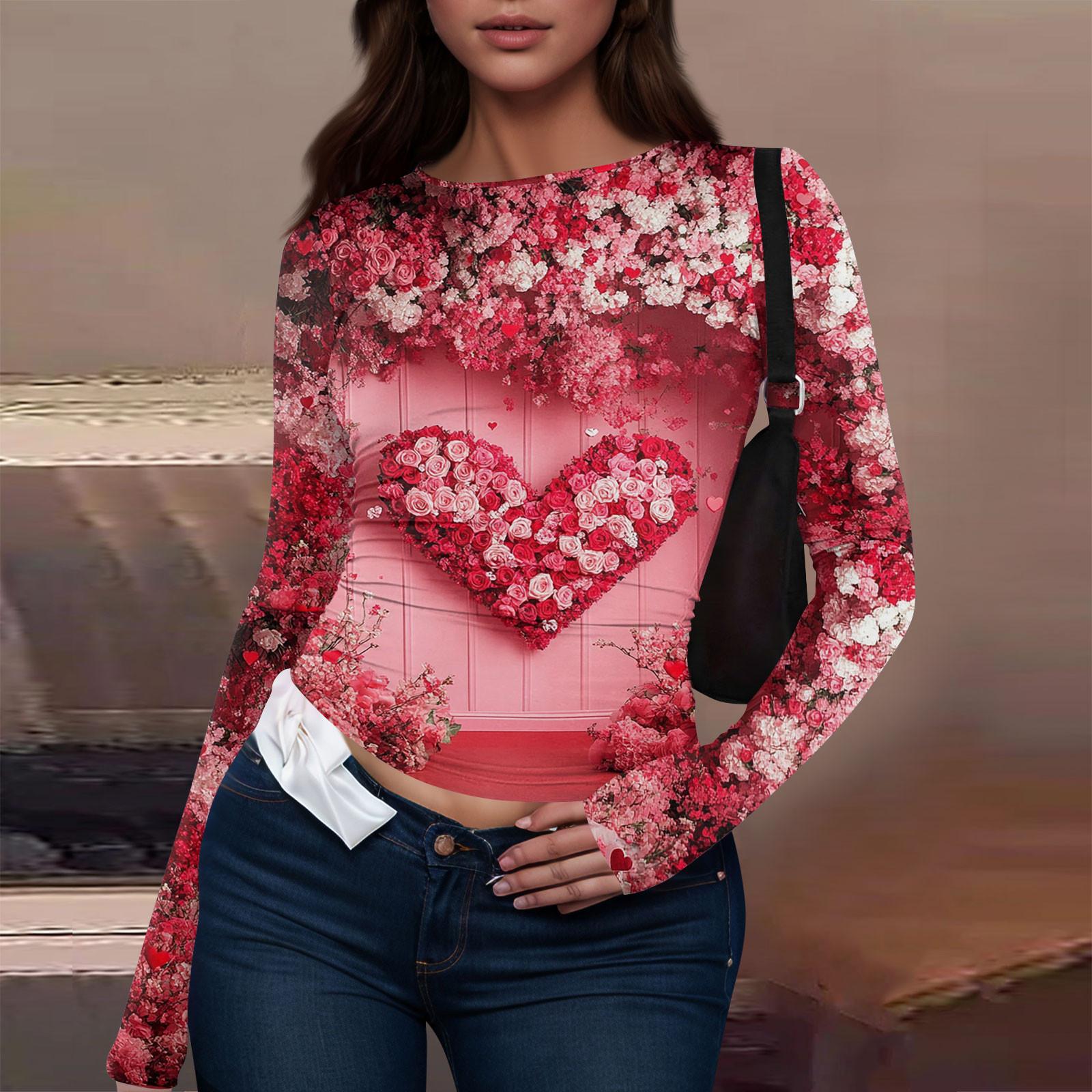 

Женская мода День святого Валентина принтованный круглый вырез длинный рукав футболка топ XS арбуз красный