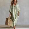 Women Striped V-Neck Loose Dress Elegant Casual Stylish Half-Sleeved Ankle Dress Female Outdoor Vacation Style Beach Dress