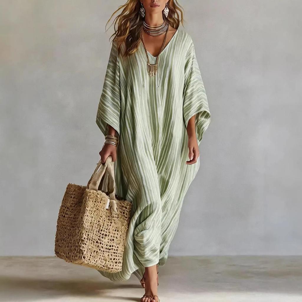 Women Striped V-Neck Loose Dress Elegant Casual Stylish Half-Sleeved Ankle Dress Female Outdoor Vacation Style Beach Dress