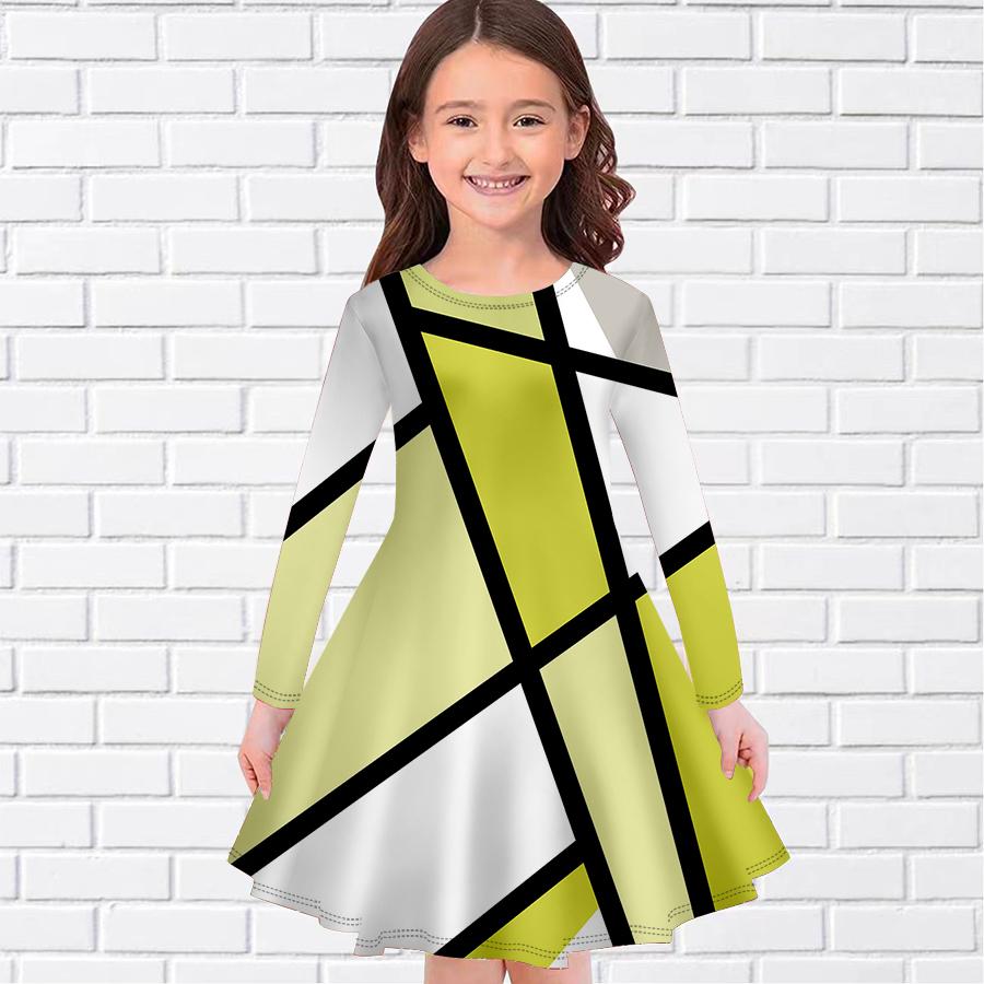Mädchen Lässig Geometrischer Linien Gitterdruck Rundhals Langarm Kleid Kinder Prinzessinnenkleid
