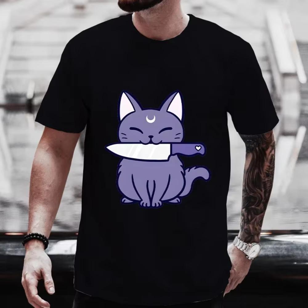 

Жуткая футболка с котенком и ножом для мужчин, футболки для Хэллоуин-вечеринки, страшные футболки с графикой для сезона, модные повседневные топы с коротким рукавом XXXXXL