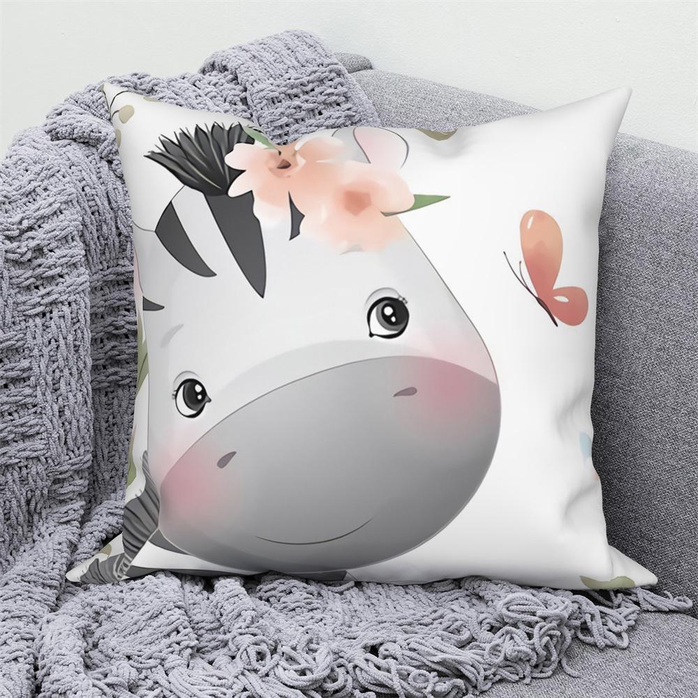 Juste De Coussin Blanche Avec Imprimé Animal De Dessin Animé Mignon, Taie D'oreiller Décorative Pour Canapé