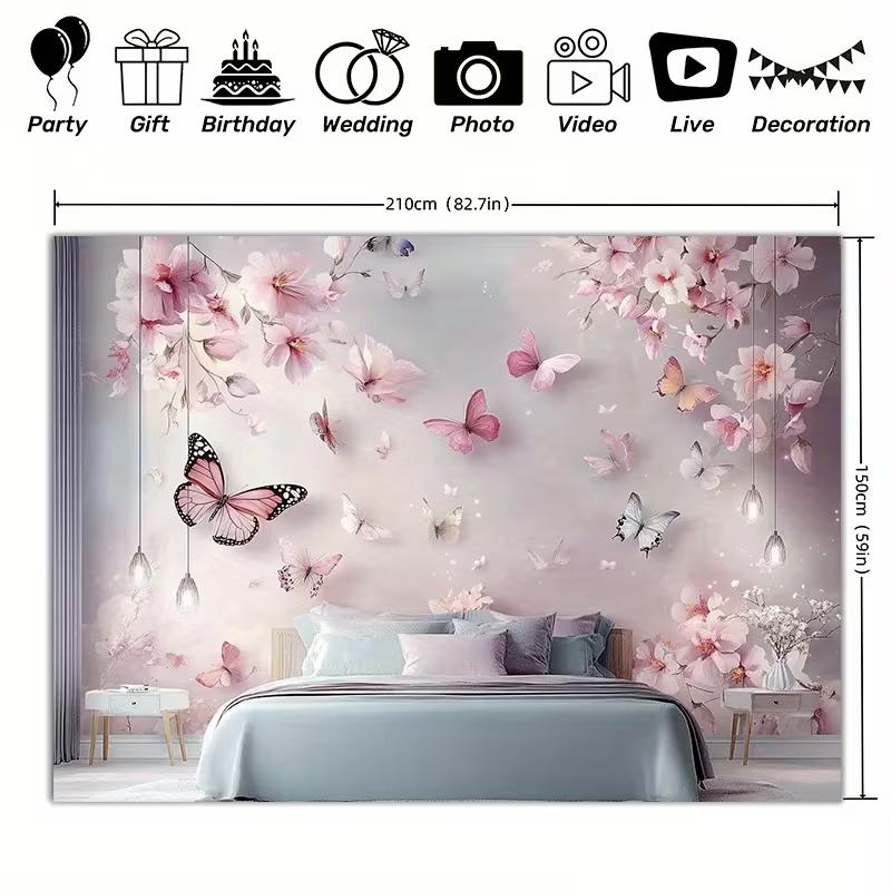 2D Romantic Cherry Blossom & Butterfly Tapestry Living Room Background Cloth