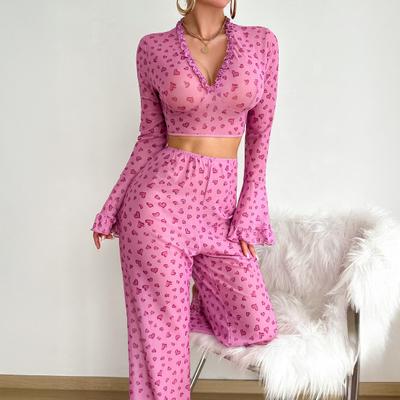 Ensemble Pyjama Saint-Valentin Femme Sexy Imprimé Cœur Ourlet Volanté Ensemble 2 Pièces Pyjama d'Intérieur Chemise à Manches Longues Col V et Pantalon Vêtements de Nuit