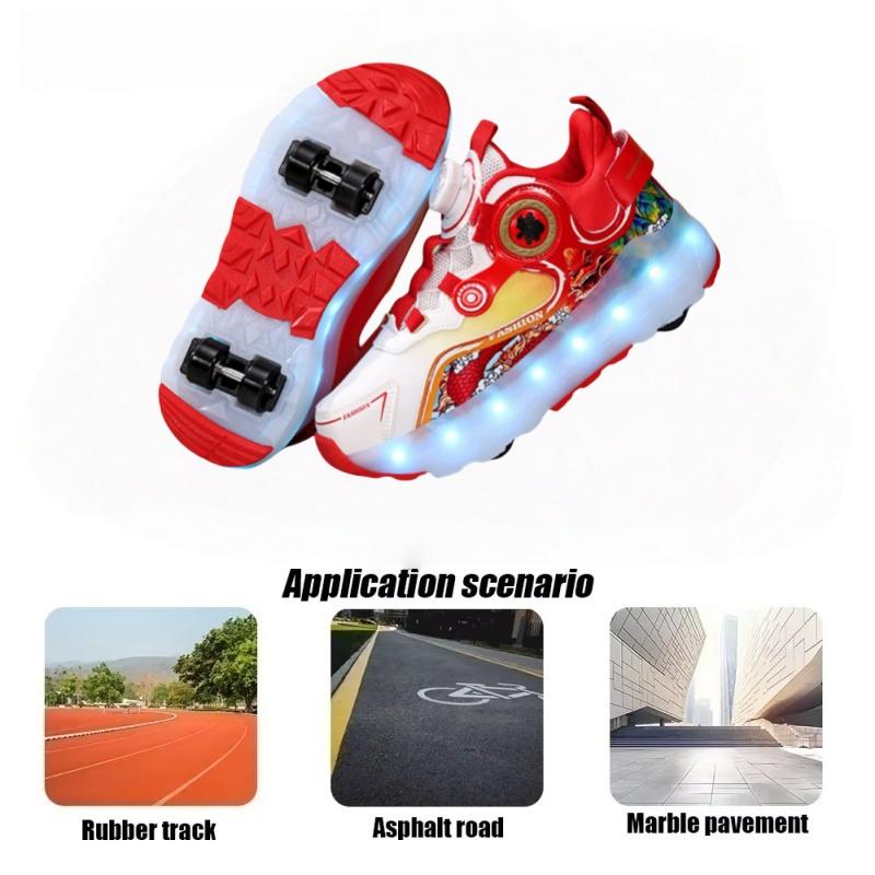 Children Four Wheels Luminous Glowing Sneakers Black Pink Led Light Roller Skate Shoes Kids Led Shoes Boys Girls USB Charging