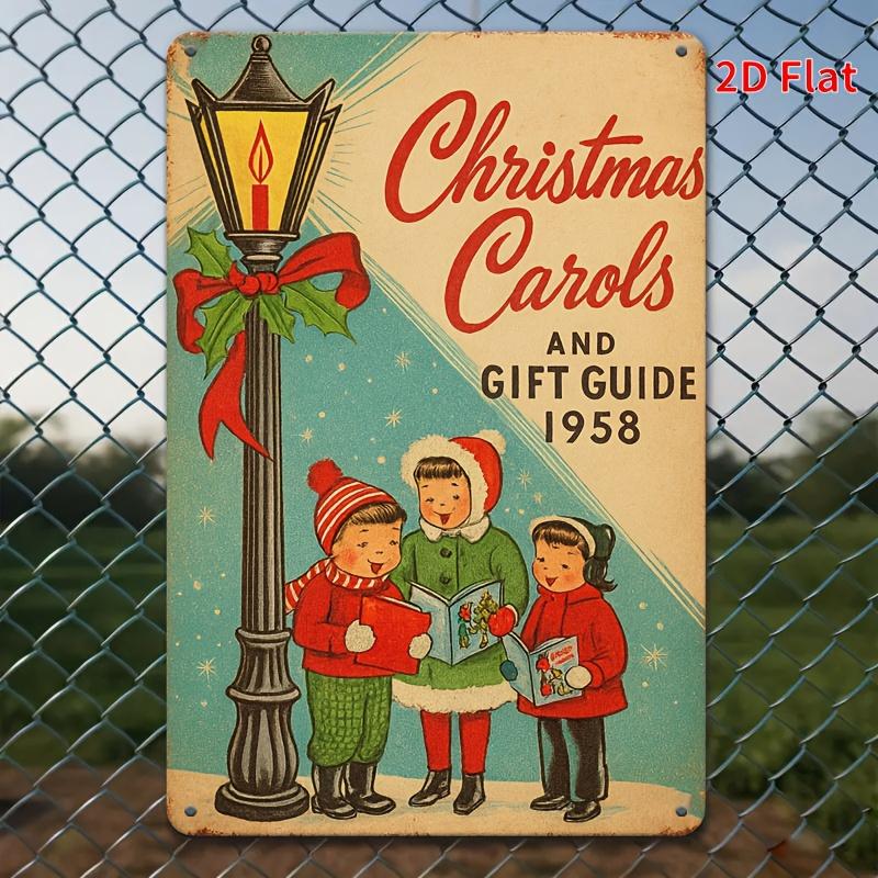[2D Flat] 1pc 20.32x30.48cm Vintage Christmas Carol Sign | Aluminum Metal - Rustic Festive Scene Wall Decorations, Vintage 1958