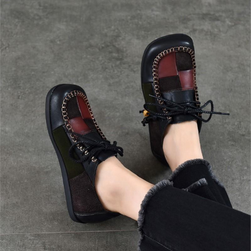 Johnature Genuine Leather Contrasting Color Flat Shoes Square Toe Stitched Lace Up Soft Soled Women's Shoes