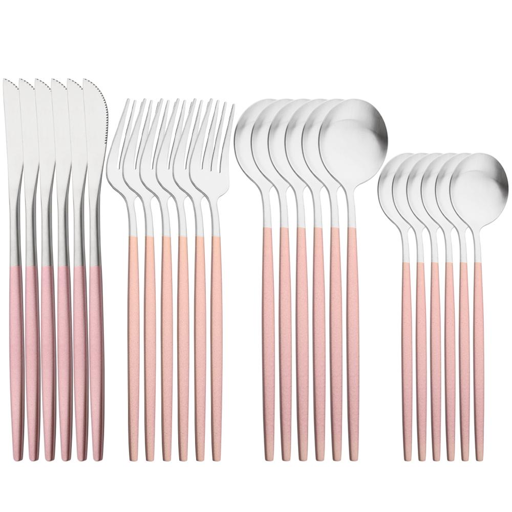 JANKNG 24Pcs Matte Dinnerware Golden Knife Fork Dessert Spoons Flatware Set Stainless Steel Cutlery Set Kitchen Silverware Set