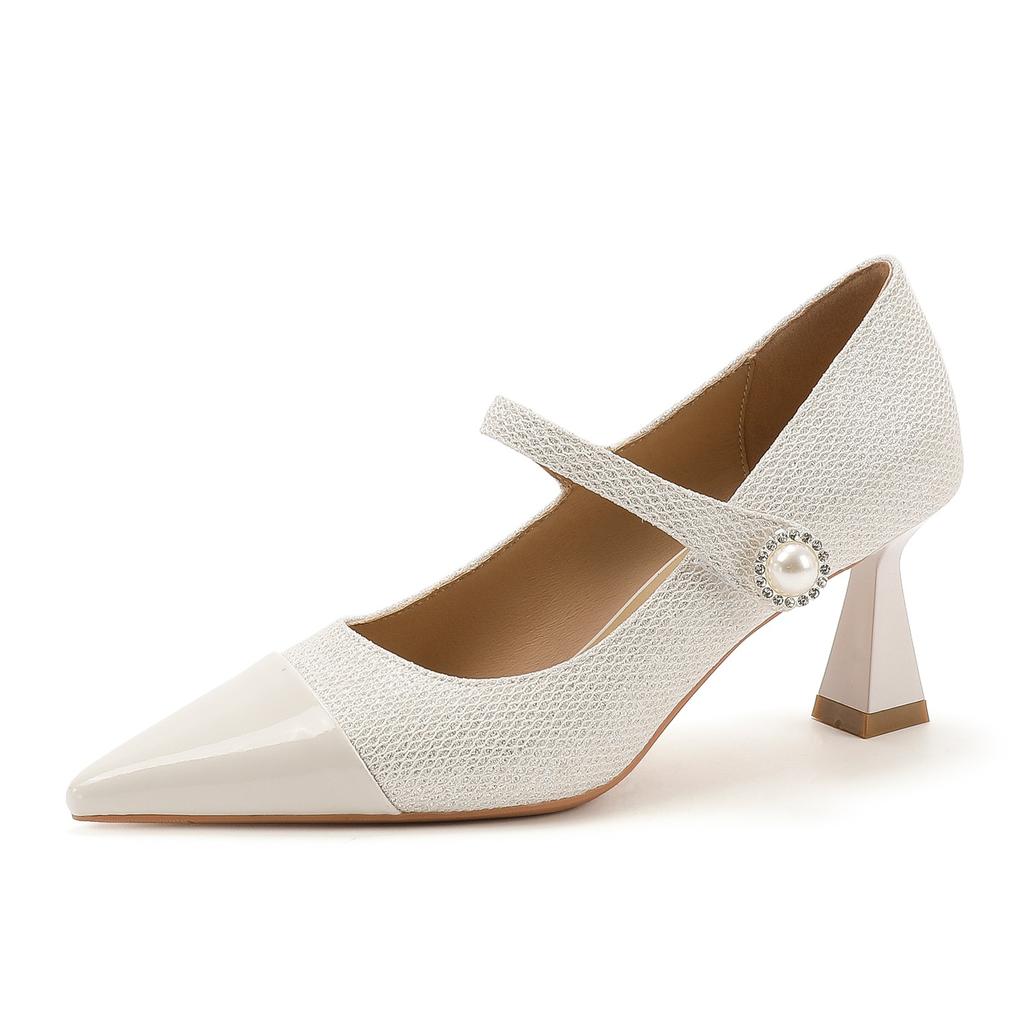 75335 [sheepskin] high heels women's thin heels 2025 new pointed splicing word with Mary Jane single shoes