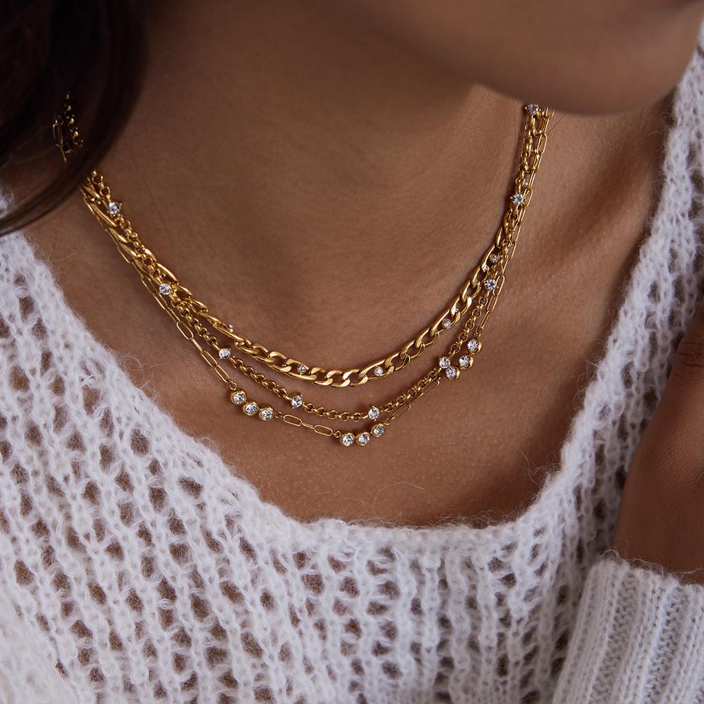 Uworld Classic Minimalist 18K Gold Color Plated Round White Zircon Paperclip Necklace Waterproof Stainless Steel Women Jewelry