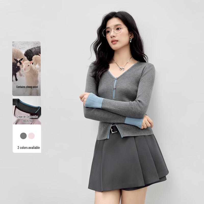 

Qiusui Yiren Elegant V-Neck Spliced Knit Top S